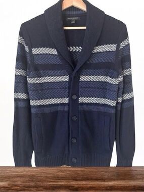 Banana Republic Mens Navy Grey White Shawl Collar Fair Isle Cardigan Sweater M